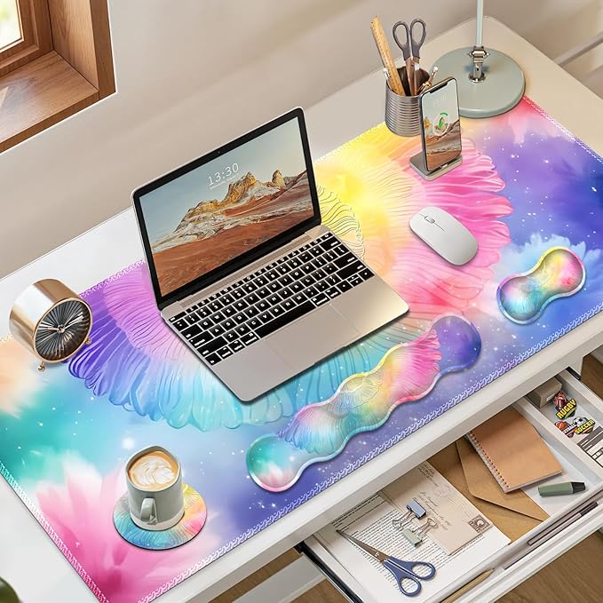 Desk Mat Gaming Mouse Pad, Cute Desk Matt Keyboard Wrist Rest for Desktop, Anti-Slip Big Mousepad Stitched Edges, XXL Large Mouse Pad with Wrist Support for Home Office Computer I Dreamy Colors
