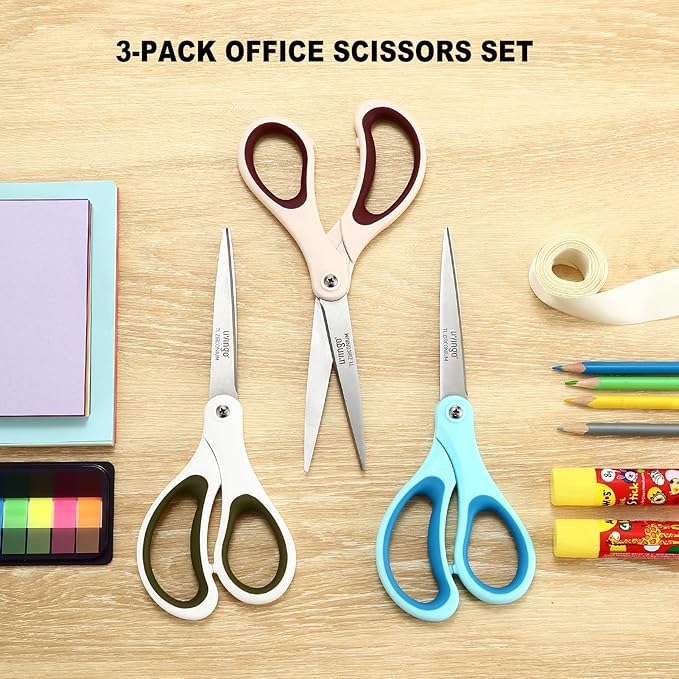 LIVINGO Scissors All Purpose - Titanium Coated Heavy Duty Sharp Stainless Steel Comfortable Shears for Office Home School Cutting Paper Fabric, Sky Blue & Pink & White, 3 Pieces