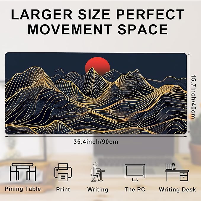 Gaming Mouse Pad, Abstract Golden Mountains and Red Sun Large Desk Mat for Keyboard and Mouse,Non-Slip Rubber Base and Stitched Edges Desk Pad for Home Office 35.4x15.7in