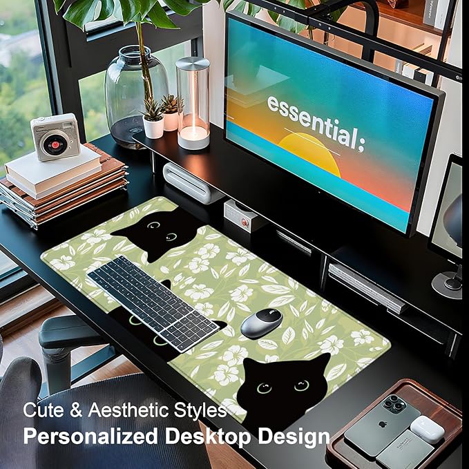 Large Desk Mat, Desk Matt for Desktop, Computer Gaming Mouse Pads, Anti-Slip Rubber Base, Stitched Edges Soft Mat for Desktop Office Home 31.5 x 11.8 Inches (Cute Green Leaf Cat)