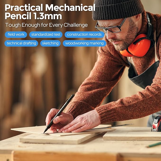 Nicpro 3 PCS 1.3 mm Blacke Mechanical Pencils Set with 48 Lead Refill, 3 Eraser - Weatherproof Metal Barrel, Heavy Duty Carpenter Pencil MP2000 for Outdoor Marking Drafting Drawing Woodworking