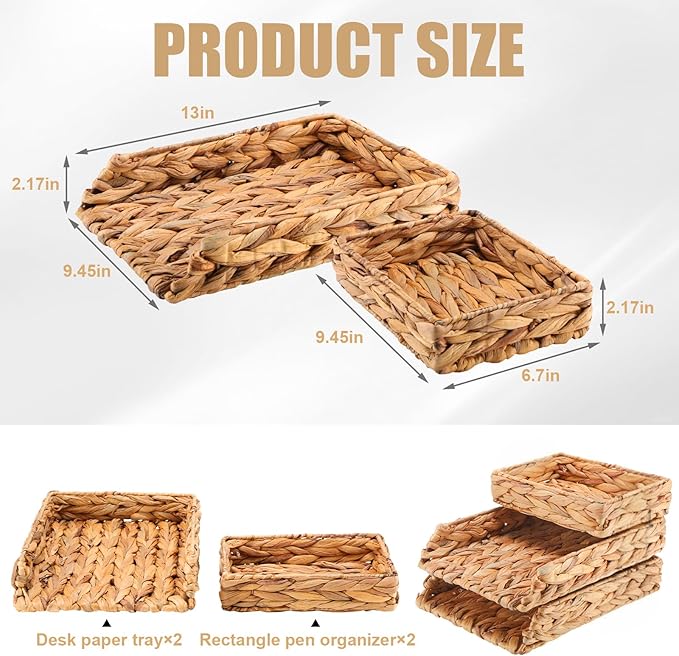 Geelin 3 Pack Woven Water Hyacinth Stackable Desk Organizer Letter Tray, Tabletop Desk Basket for Storage Paper Letter Folders Notebooks Copy Print, Workspace Holder, Keep Stationery Saver