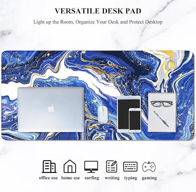 Auhoahsil Large Mouse Pad, XXL Gaming Mousepad, Desk Mat for Desktop, Thick Rubber, Big & Long Size, Stitched Edges, Full Desk Pad for Laptop & Computer, Extended 31.5 x 11.8 in, Navy Marble