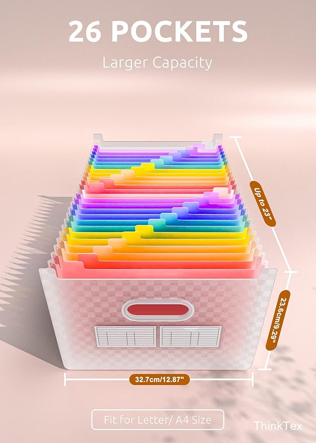 ThinkTex 26 Pockets Expanding File Folder, Upright & Open Top, A-Z Colorful Tabs, Larger Capacity Accordian Folder, Letter/A4 Size for School, Home and Office - Pink