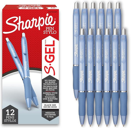 Sharpie S-Gel Gel Pens, Blue Barrel, Medium Point (0.7mm), Black Gel Ink Pens, 12 Count - Home, Office, School, Journaling, Writing, Note-Taking, Teacher Supplies