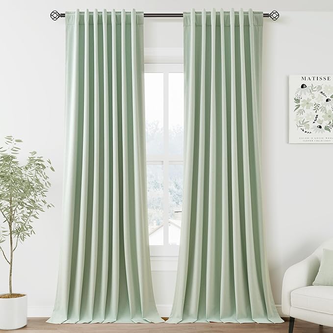 Black Out Aqua Green Window Curtains 108 Inches Long Loop Pocket Rod Pocket Cooling Noise Reducing Thermal Insulated 100% Blackout 2 Panels Set for Bedroom Neutral Rustic Curtains Drapes 52x108