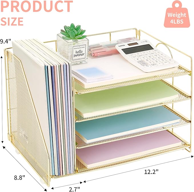 OPNCIE Desk Organizers and Accessories, 4 Tier Paper Letter Tray File Organizer, Desk Accessories Workspace Desktop Organizer for Classroom Office Supplies, Gold