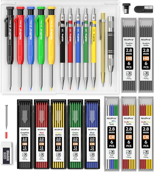 Nicpro 27 Pack Carpenter Pencils for Woodworking, Construction Mechanical Pencil with 100 Refill, Automatic Center Punch and Carbide Scribe Carpenter Tool, Construction Pencil for Carpenters Marking