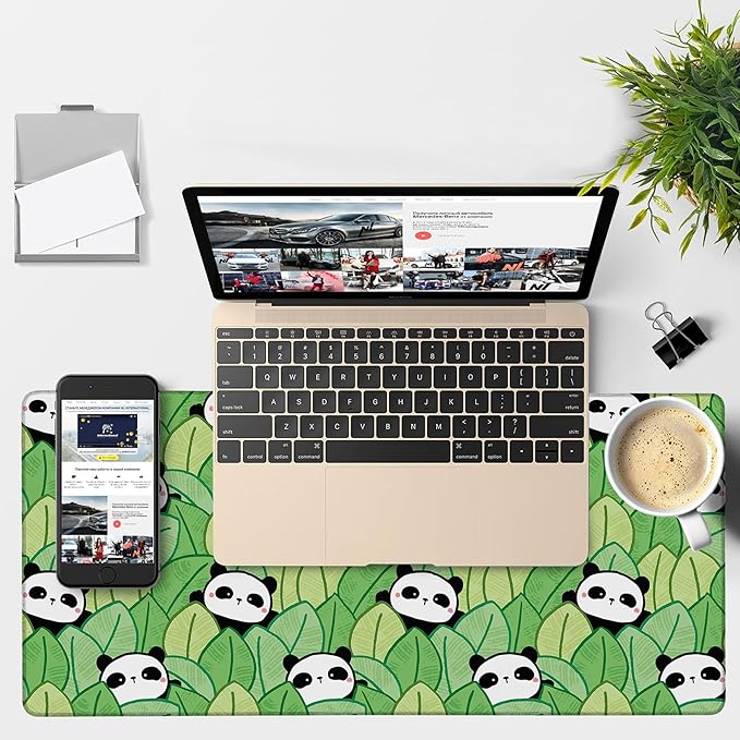 Panda and Leaves Gaming Mouse Pad 3mm Thick Stitched Edge Waterproof Non-Slip Large Computer Keyboard Mouse Mat,Suitable for Office Entertainment Decorative Desk Pad 35.4 x 15.7 Inches