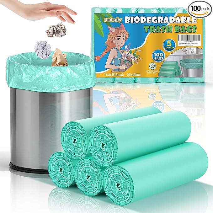 5 Gallon Trash Bags Biodegradable Unscented - Green Small Garbage Bags Compostable 100 Count 18 Liter Recycling Waste Basket Kitchen Office Bathroom Liners Strong Thick Bulk Heihaily