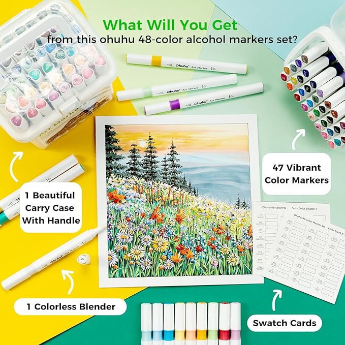 Ohuhu Brush Markers Alcohol Based: Double Tipped Art Sketch Drawing Marker for Artists Adults Beginners Coloring Landscape Architectural Design - Brush& Chisel - 48-color w/Marker Storage Case