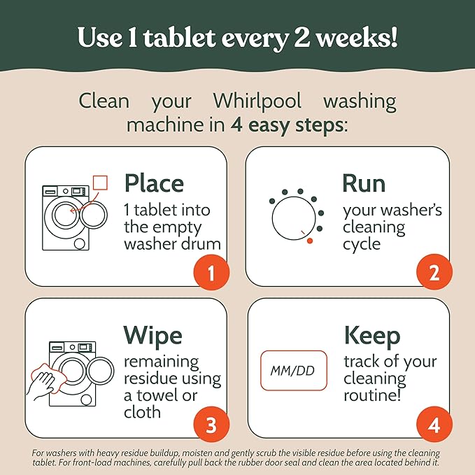 Roobi Washing Machine Cleaner Tablets compatible with Whirlpool. Deep Clean Formula Eliminates Odor, Residue & Build-Up. Carbon-Neutral & Septic-Safe 24-Pack Cleaning Tablets.
