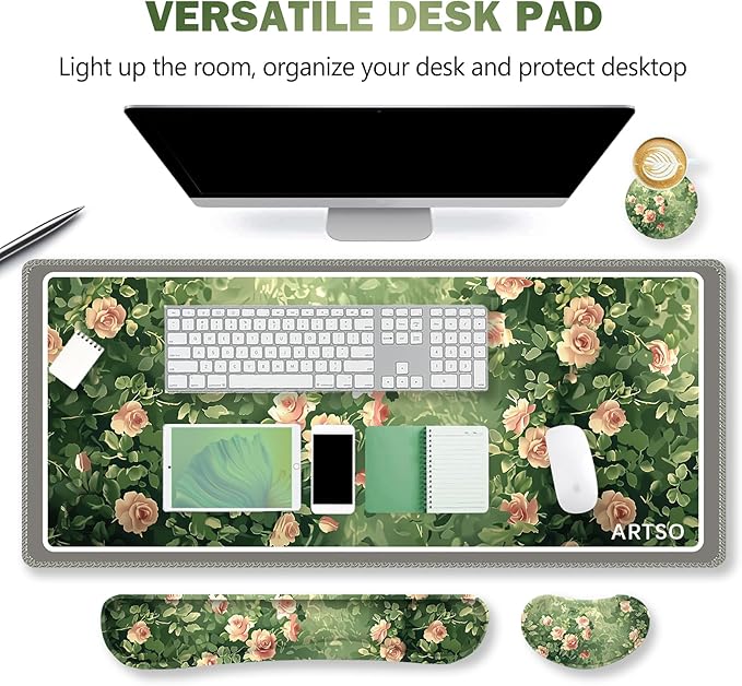 ARTSO Rose Floral Mouse Pad Wrist Support Set, Desk Mat, 4in1 XXL Large Mousepad + Keyboard Wrist Rest+Mouse Wrist Rest+Coaster Combo with Ergonomic Design for Home Office