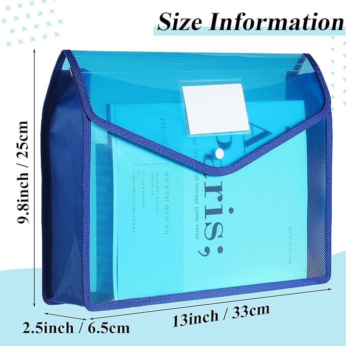 10 Pieces Plastic File Folders Envelope Expanding File Wallet Organizer Documents Folder with Snap Closure and Pocket, A4 Size Waterproof Transparent Pouch(Blue,Horizontal)