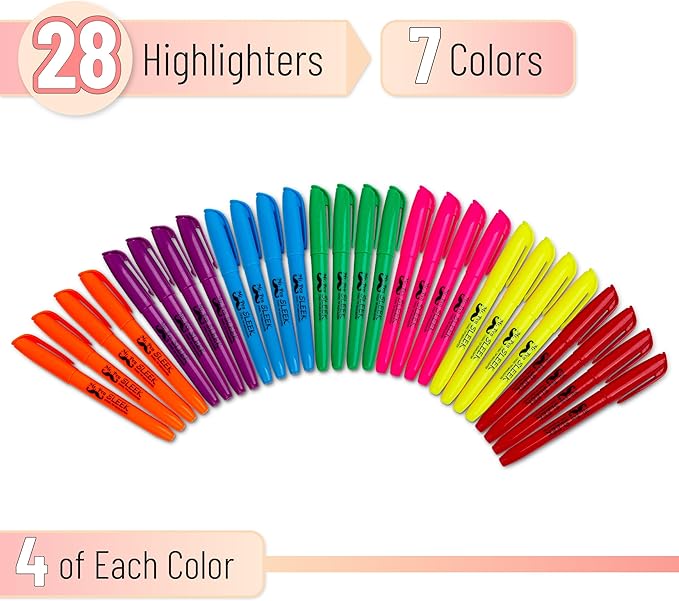 Mr. Pen- Highlighters Assorted Colors, 28 Pack, Chisel Tip, 7 Bright Fluorescent Colors, Quick Dry, Odorless & Non-Toxic Ink