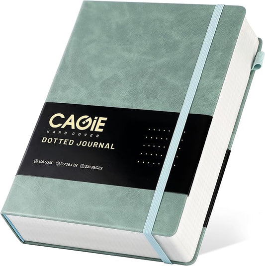 CAGIE Bullet Dotted Journal Notebook 320 Pages 100 GSM Paper Hardcover B5 Dot Grid Notebook Leather Journals for Writing Women Men Work Journaling, Green