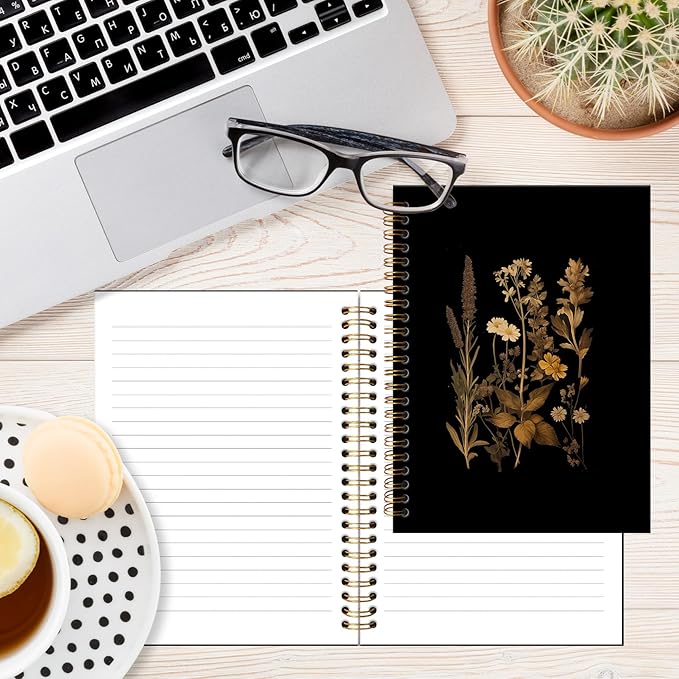 Vintage Dark Floral Notebook Journal, Retro Wildflowers Journal for Women, Retro Floral Aesthetic Notebooks for Note Taking, Spiral Notebook 5.5x8.3 Inch