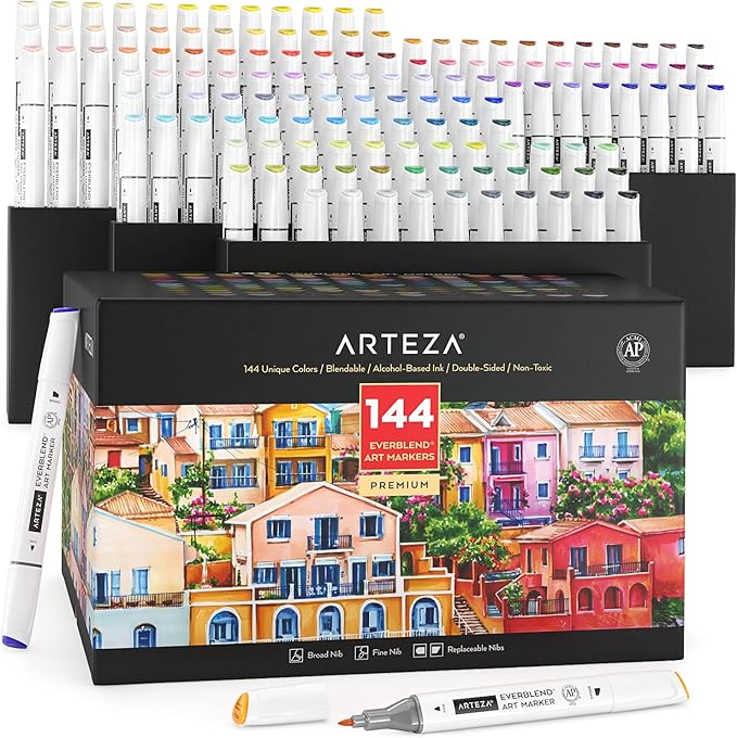 ARTEZA Alcohol Markers – Set of 144 EverBlend Dual Tip Markers with Fine and Chisel Nibs, Organizer Box for Drawing, Coloring and Illustration