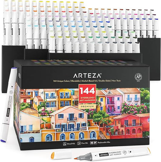 ARTEZA Alcohol Markers – Set of 144 EverBlend Dual Tip Markers with Fine and Chisel Nibs, Organizer Box for Drawing, Coloring and Illustration