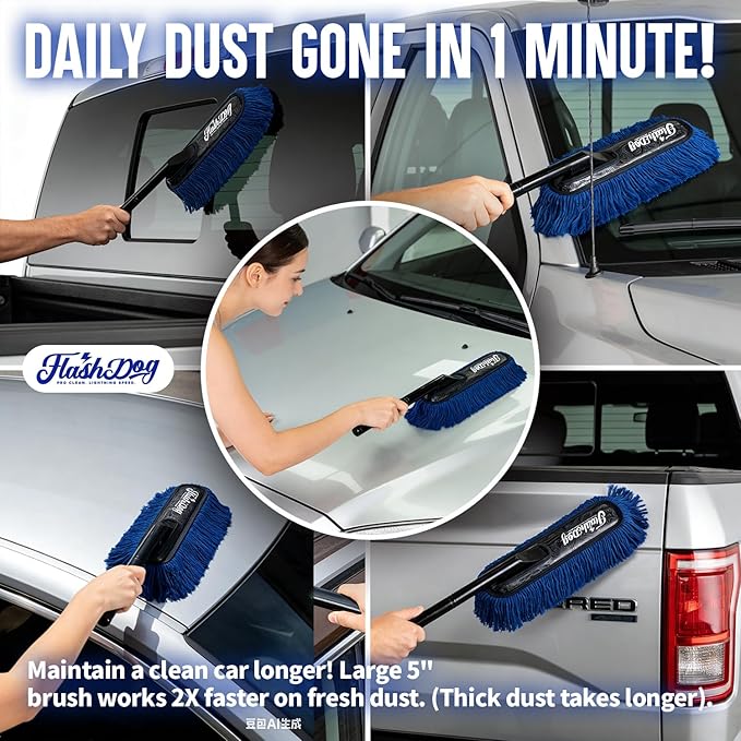 Flash Dog Car Duster Exterior Scratch Free - Wood Handle Waterless Cleaning for Cars/SUV/Truck/RV | Waxed Cotton, Portable Waterless Dust & Pollen Remover