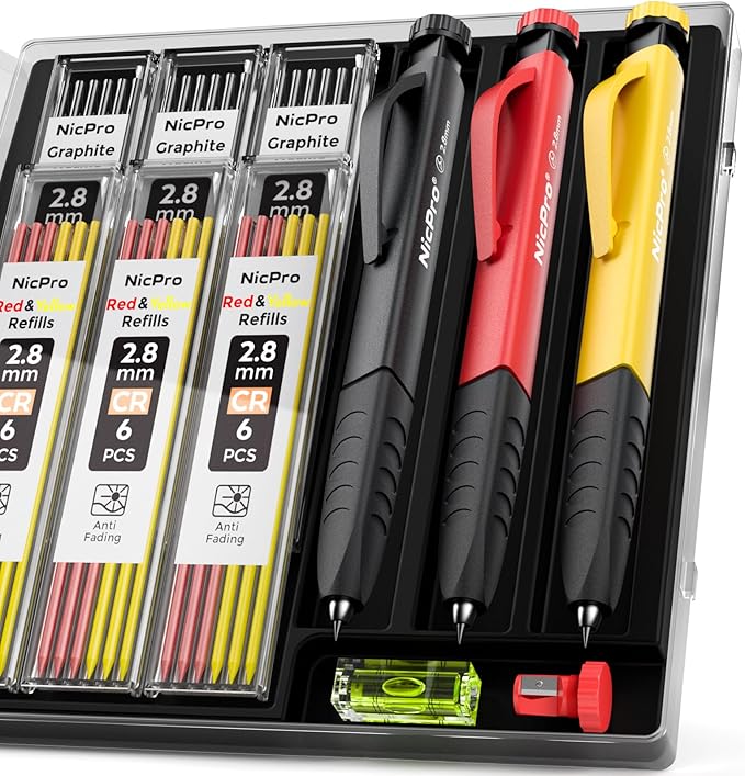 Nicpro 3 Pack Carpenter Pencil Set with Sharpener & Finger Grip, Mechanical Woodworking Pencils with 39 Refills (Red, Black, Yellow), Deep Hole Marker Heavy Duty Construction Pencils - With Case