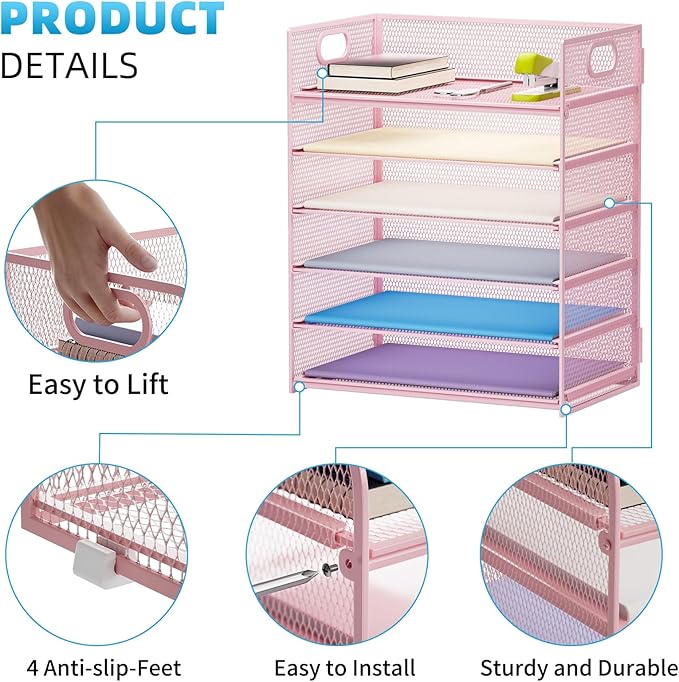 Marbrasse 2 Pack Desk Organizer with Handle, 6 Tier Paper Letter Tray, Mesh Desk File Organizer for Office, School and Home - Pink