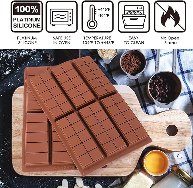 Palksky Chocolate Bar Mold Deep, 2PCS Silicone Chocolate Molds Thick for Stuffed Knafeh Pistachio, Dubai Chocolate Bar Pistachio Mold, Chocolate Making Supplies with 100PCS Bags