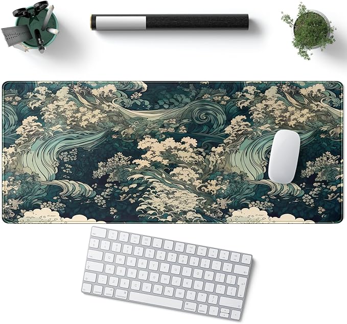 Japanese Large Mouse Pad Gaming Sea Wave Desk Pad Blue Sea Flower Art Aesthetics Desk Pad Non-Slip Rubber Base Mice Pad, 31.5 X 11.8 in for Laptop Computer Mouse Keyboard Mat of Office Desk Decor