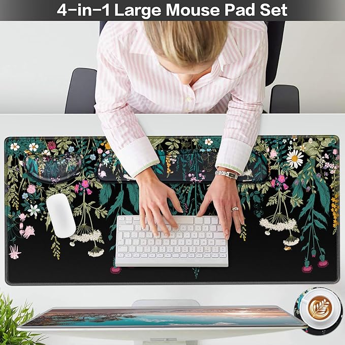 Desk Mat, Large Gaming Mouse Pad with Wrist Rest, 4in1 XXL Mousepad+Keyboard Wrist Rest+Mouse Pad Wrist Support+Cup Coaster Set Ergonomic Floral Computer Desk Arm Wrist for Decor Home Office Women
