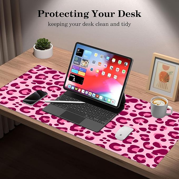 Pink Leopard Desk Pad Protector, Stitched Edges Mouse Pad, Large Office Desk Mat, Non-Slip Desk Blotter, Laptop Desk Pad, Desk Writing Pad for Office and Home (31.5" x 15.7 ")