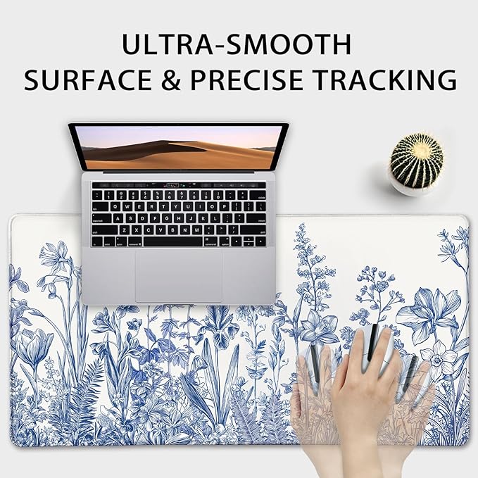 Narcissus Blue Floral Large Gaming Mouse Pad 31.5"x15.7"｜ Flower XXL Desk Mat, Non-Slip Rubber Base & Stitched Edges - Extended Waterproof Mousepad for PC/Laptop/Office/Home Decor
