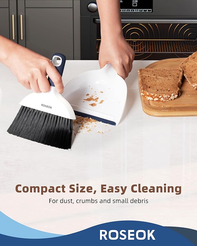 ROSEOK Mini Broom and Dustpan Set for Cleaning, Compact Desktop Dustpan with Brush for Kitchen Counter, Office, Car, Navy Blue, 1 Pack