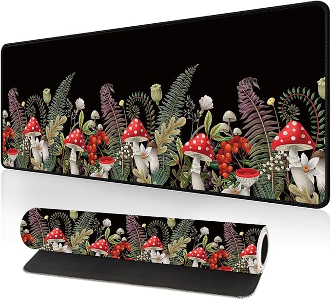 Large Desk Mat, Desk Matt for Desktop, Computer Gaming Mouse Pads, Anti-Slip Rubber Base, Stitched Edges Soft Mat for Desktop Office Home 31.5 x 11.8 Inches (Mystical Mushroom)