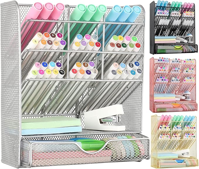 Spacrea Pen Holder Desk Organizer - Desk Organizers and Accessories, Pencil Holder with 10 Compartments and 1 Drawer (Silver)