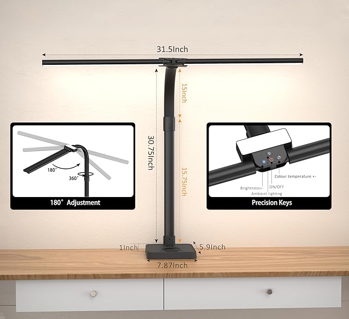 Double Head LED Desk Lamp, Architect Desk Lamps for Home Office, 24W Brightest Workbench Office Lighting-5 Color Modes and 5 Dimmable Eye Protection Modern Desk Lamp (Black-Desktop, Big)
