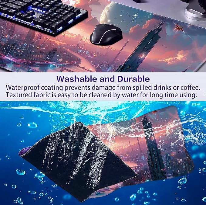 Digital Anime City Night View Office Art Desk Mat, Female Aesthetic Style Oversized Stitched Edge Laptop Keyboard Desk Mat 35.4 x 15.7 x 0.12 Inches