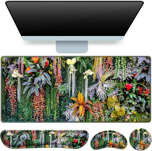 Desk Mat Floral, Large Gaming Mouse Pad with Wrist Rest, 4in1 XXL Mousepad+Keyboard Wrist Rest+Mouse Pad Wrist Support+Cup Coaster Set Ergonomic Computer Desk Arm Wrist for Decor Home Office Women