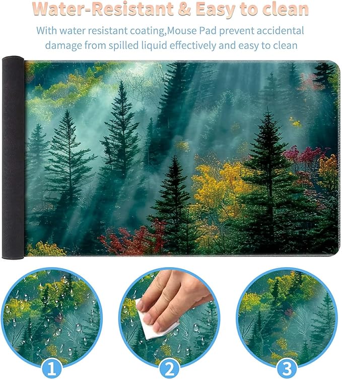 Desk Mat Large Gaming Mouse Pad (31.5x11.8 inch) with Stitched Edges, XL Mouse Pad +Coaster, Extended Mouse Mat Keybroad Mousepad Non-Slip Rubber for Gamer Men Women, Landscape Nature Forest