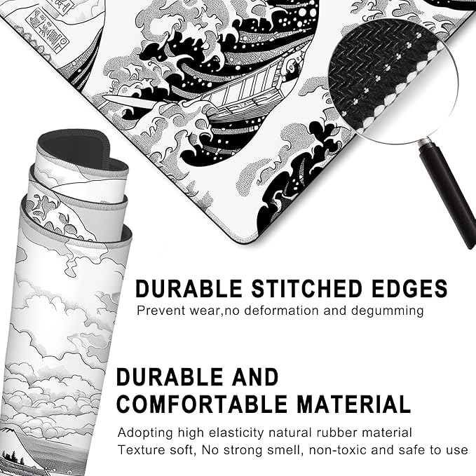 Gaming Mouse Pad, Black and White Japanese Sea Wave Large Desk Mat for Keyboard and Mouse,Non-Slip Rubber Base and Stitched Edges Desk Pad for Home Office 35.4x15.7in