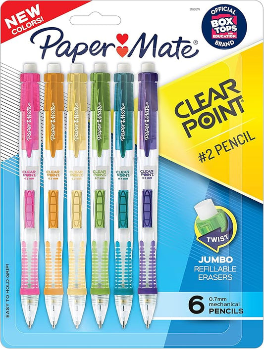 Paper Mate Clearpoint Mechanical Pencils, 0.7mm HB #2 Pencils, Assorted Barrel Colors, 6 Count - For Teacher, Office, School Supplies, Drawing, Drafting