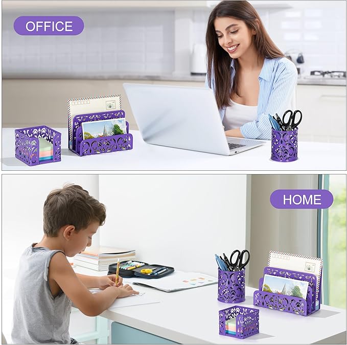 EasyPAG Desk Organizers and Accessories 3 Pieces Office Organizer Set - Pen Holder for Desk, Mail Sorter Countertop and Sticky Note Holder, Purple