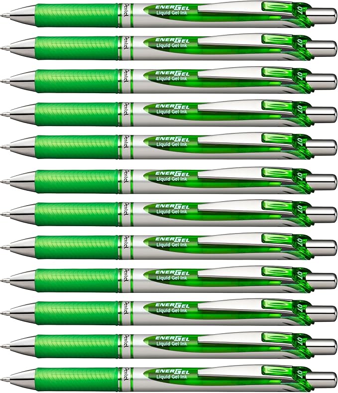 Pentel EnerGel RTX Retractable Liquid Gel Pen, (0.7mm) Metal Tip, Medium Line, Lime Green Ink, 12 pack (BL77-K)