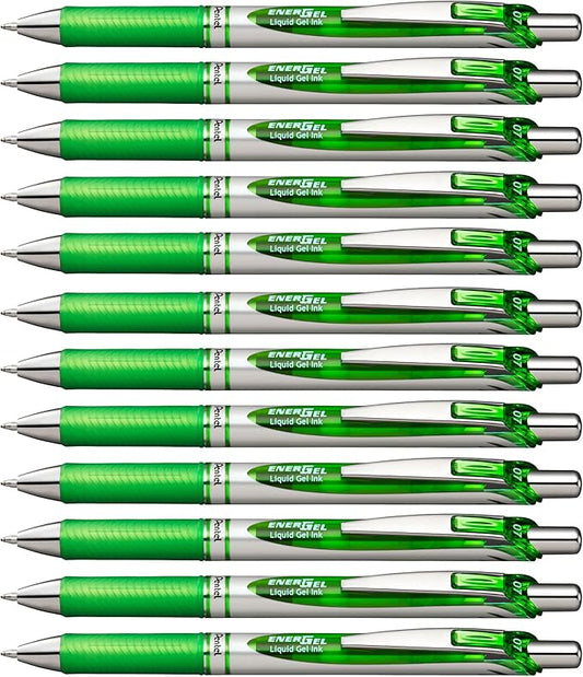 Pentel EnerGel RTX Retractable Liquid Gel Pen, (0.7mm) Metal Tip, Medium Line, Lime Green Ink, 12 pack (BL77-K)