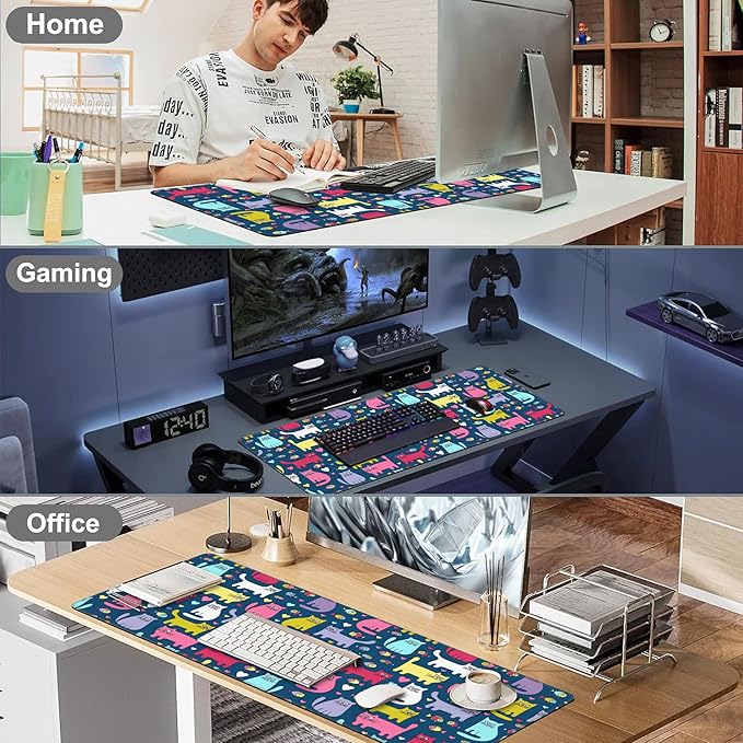 Mouse Pad, Large Cartoon Cats and Fish Desk Mat, Extended Non-Slip Gaming Keyboard Mousepad Desk Pad, Thick Stitched Edges Waterproof Mouse Mat 31.5"x15.7" (Funny Doodle Kittens)