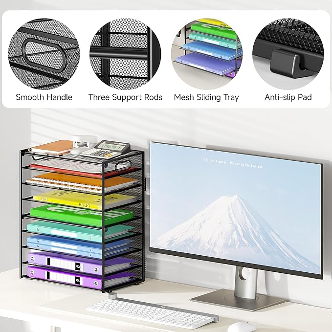 9 Tier Paper Organizer with Handle, Large Capacity Desk Organizer Mesh Paper Letter Tray File Folder Document Sorter for Classroom and Office Accessories Organization- Black (2 Pack)