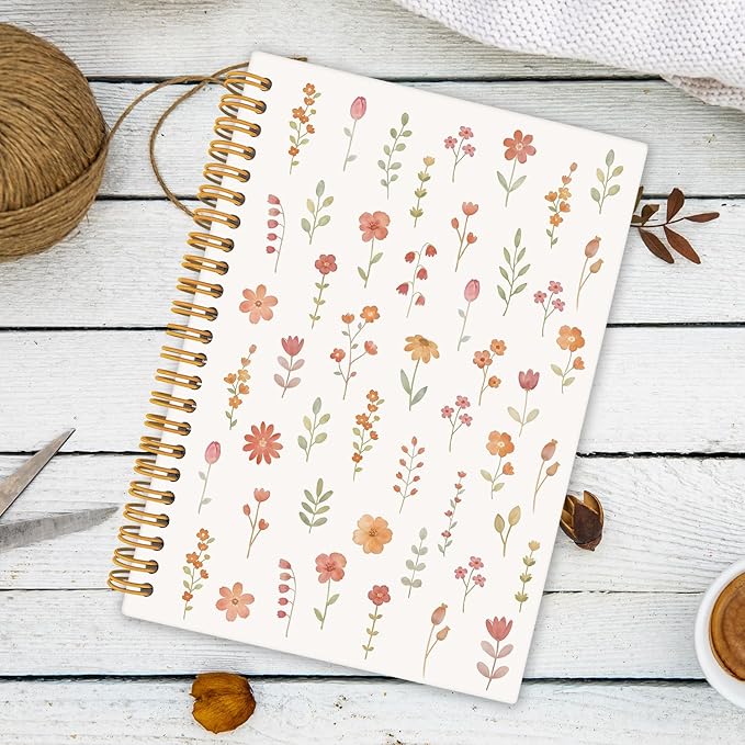 Boho Floral Spiral Notebook Journal, Cottagecore Wildflower Pretty Notebooks for Note Taking, Rustic Botanical Flower Journals for Women, Hardcover Notebook 5.5x8.3