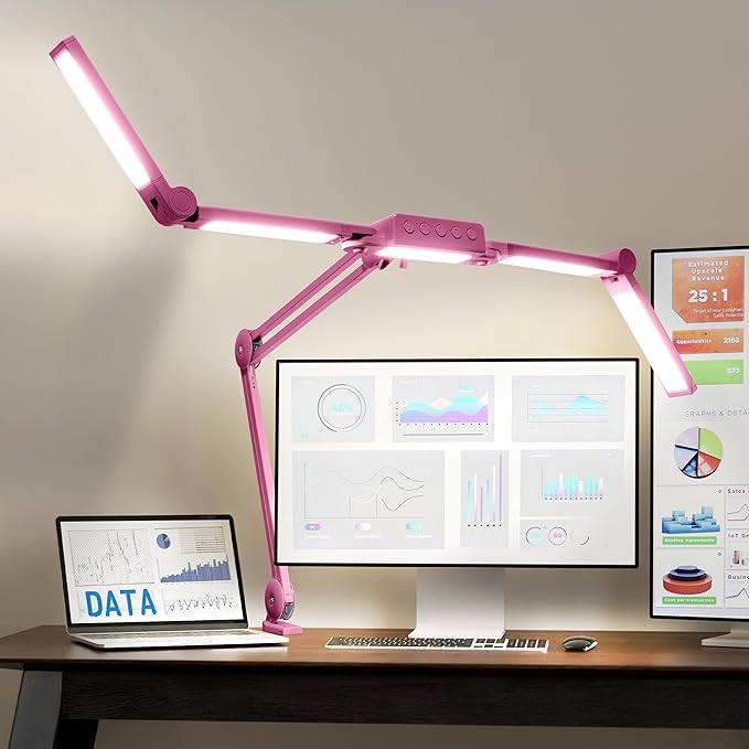 Neatfi (New Model) 3,000 Lumens LED Desk Lamp, Dimmable, 360 SMD LEDs, 30W, CRI 95, Adjustable Light Modes, Task Lamps for Home Office, Study Lamp, Desk Light Bar (CCT with Clamp, Pink, 44 Inches)
