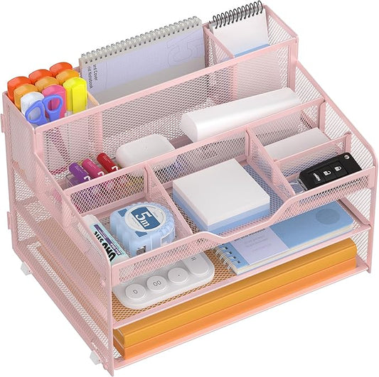 Docnest 3 Tier Mesh Desk Organizer for Paper Office Supplies – Multi-Functional Letter Tray with 5 Adjustable Compartments, 3 Pen Holders, Desktop Storage for Files, Mail, Stationery – Pink