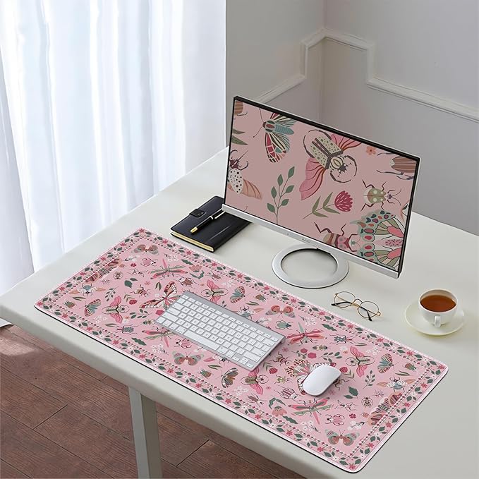 HAOCOO Pink Desk Pad Mat, Cute Keyboard Mat, Large Mouse Pad for Desk, Cute Desk Mat with Edge Stitched, Non-Slip Desk Pad for Keyboard and Mouse, Gaming, Office