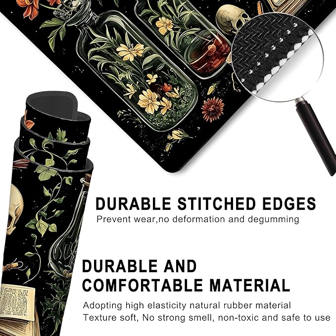 Gaming Mouse Pad, Dark Academy Green Plant Skull Large Desk Mat for Keyboard and Mouse,Non-Slip Rubber Base and Stitched Edges Desk Pad for Home Office 35.4x15.7in